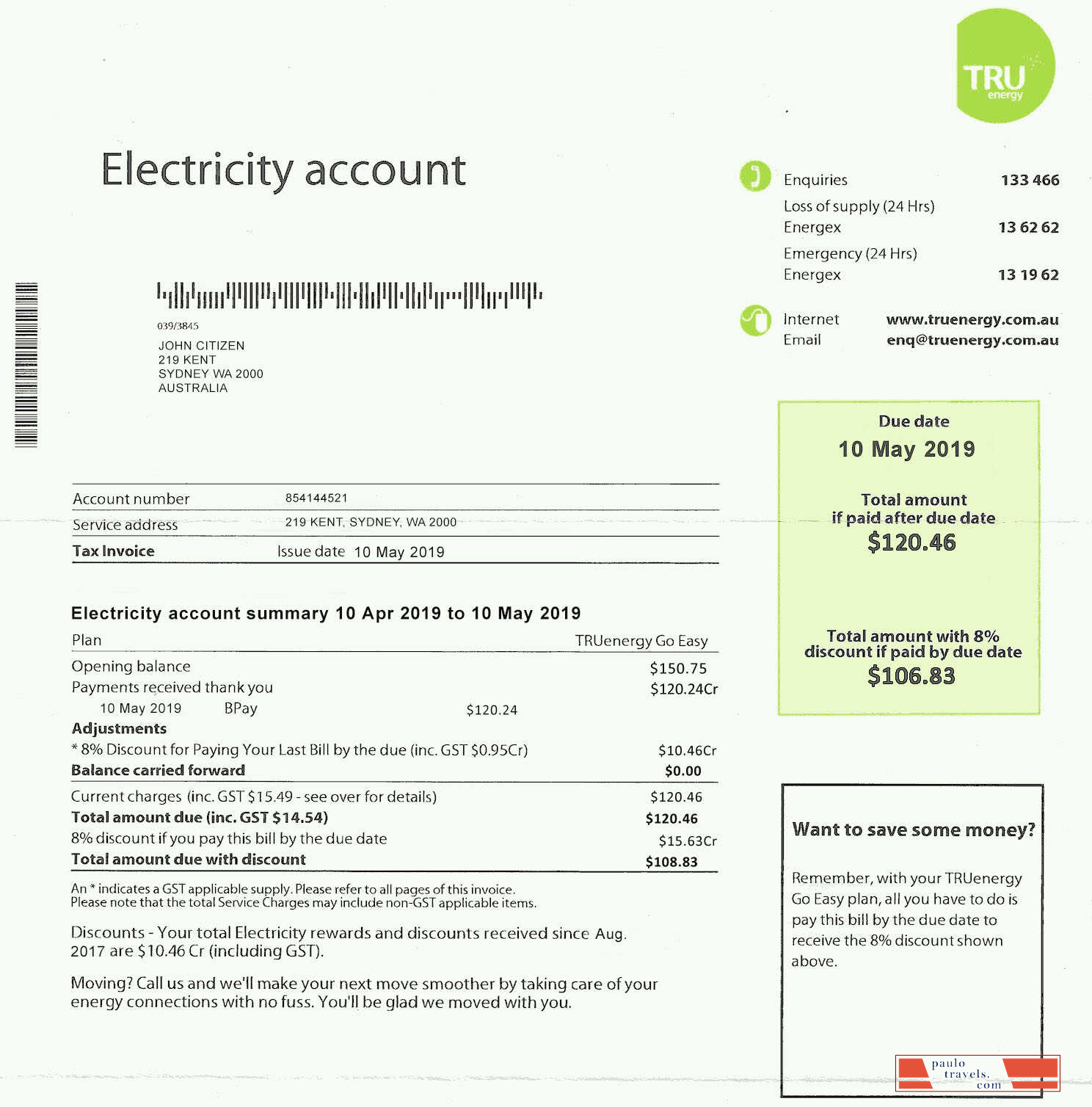 Australia Tru electricity utility bill template, fully editable in PSD format
